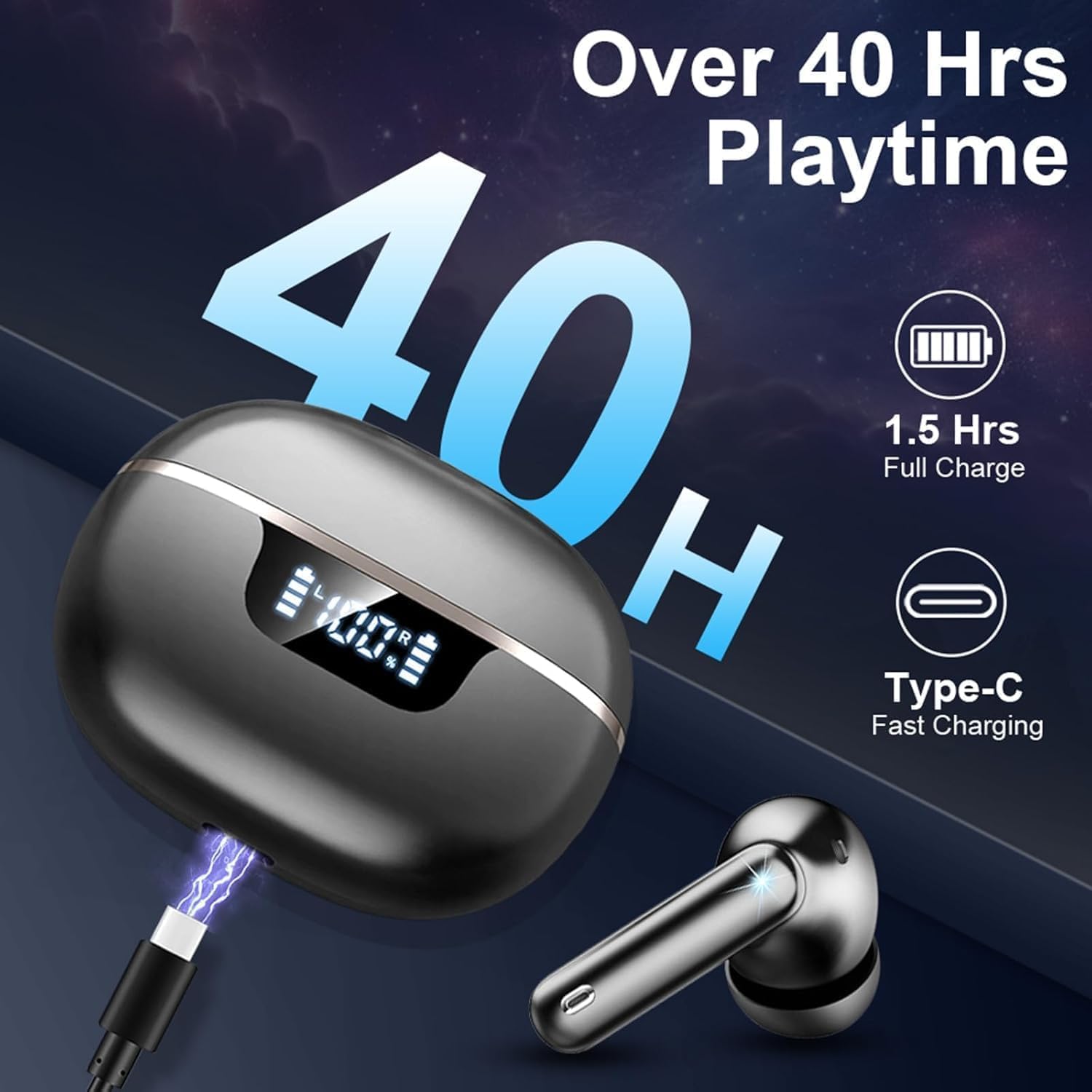 Auriculares Inalambricos Bluetooth, 2026 Cascos Inalambricos Bluetooth 5.4 HiFi Estéreo, 45 Horas Auriculares inalámbricos con ENC Cancelacion Ruido, Pantalla LED/Carga Rápida Tipo-C/IP7 Impermeable - 4