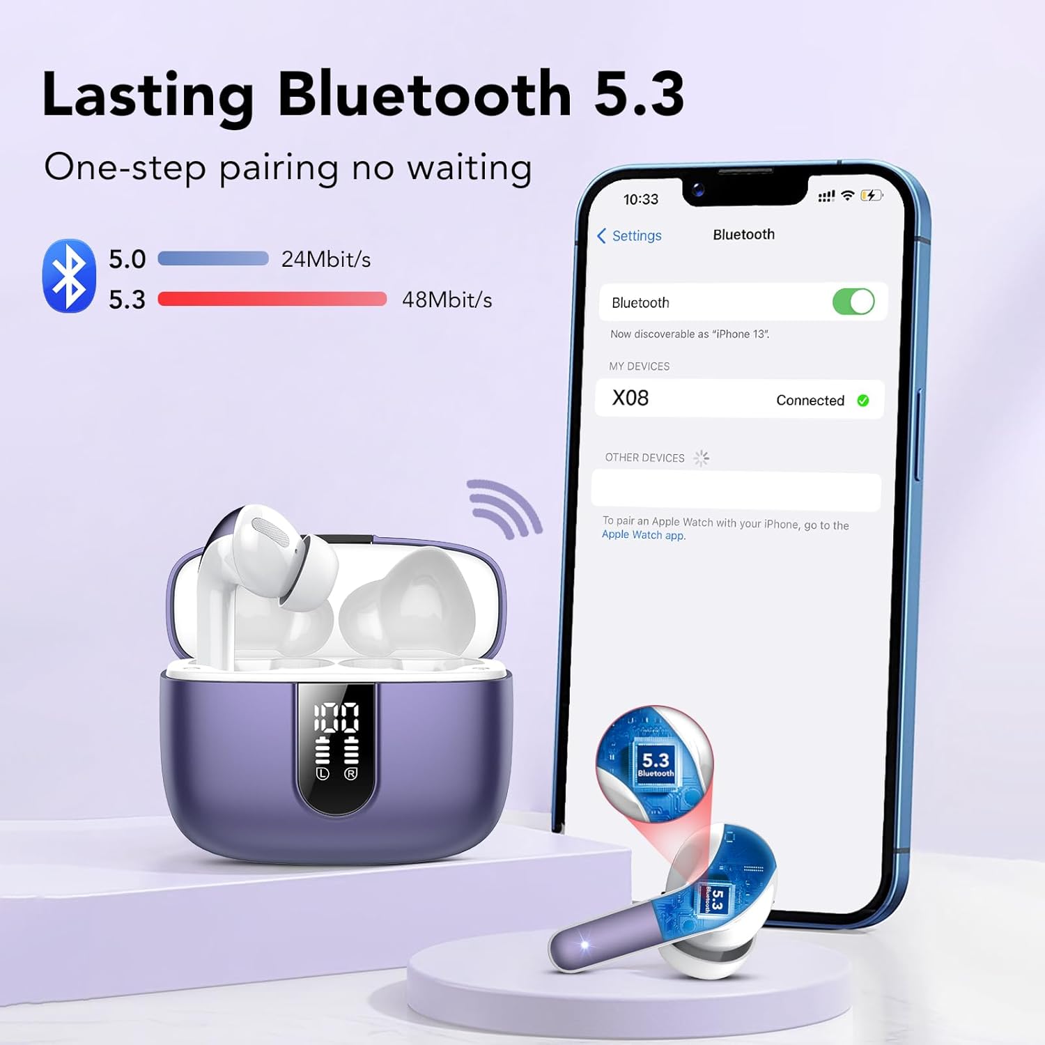 Auriculares Inalámbricos Bluetooth, Auriculares Bluetooth 5.3, 4 Mic con Reducción de Ruido ENC, 50H con Graves, Cascos Inalambricos Bluetooth IP7 Impermeable, Carga Rápida USB-C, Ajuste Cómodo - 5