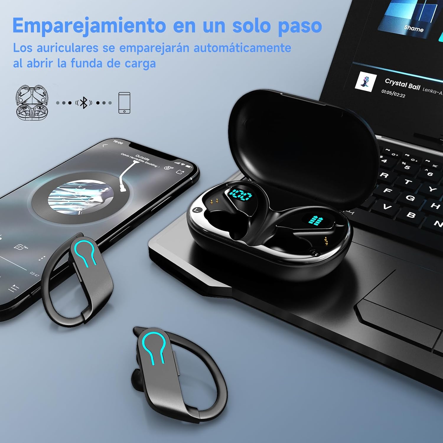 Auriculares Inalámbricos Deportivos Open Ear, Nueva Versión Bluetooth 5.3, 120H Reproducción con Pantalla LED Dual, Cascos Running con Gancho, 4 Micrófonos ENC, IPX7 Impermeable - 2