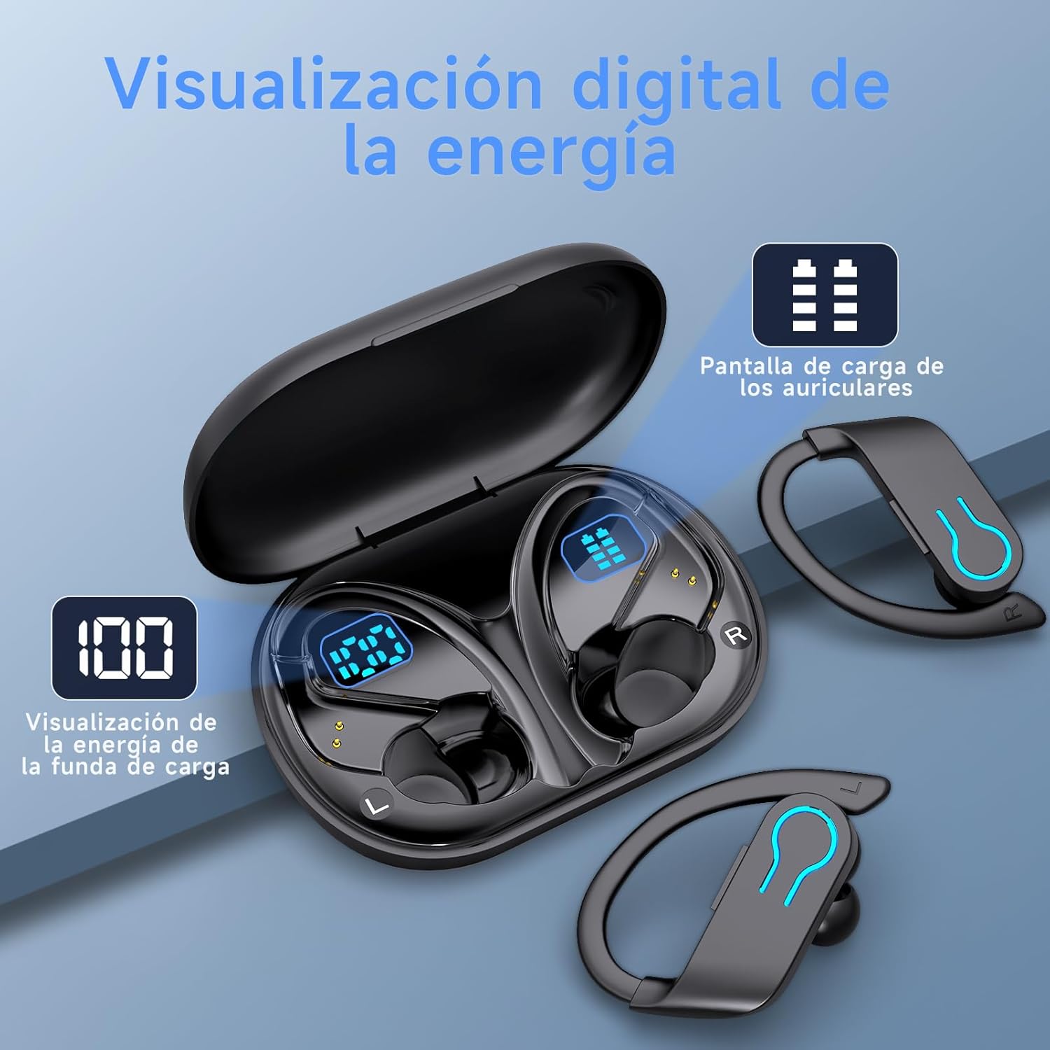 Auriculares Inalámbricos Deportivos Open Ear, Nueva Versión Bluetooth 5.3, 120H Reproducción con Pantalla LED Dual, Cascos Running con Gancho, 4 Micrófonos ENC, IPX7 Impermeable - 5