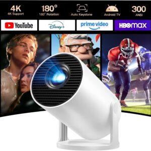 [Auto Keystone] Proyector Inteligente con Wi-Fi 6 Bluetooth 5.4, 1080P 4K Soporte, Android 14, Apps Integradas, Mini Proyector Portatil Compatible con HDMI/iOS/Android/US LYNCAST HY300 Pro