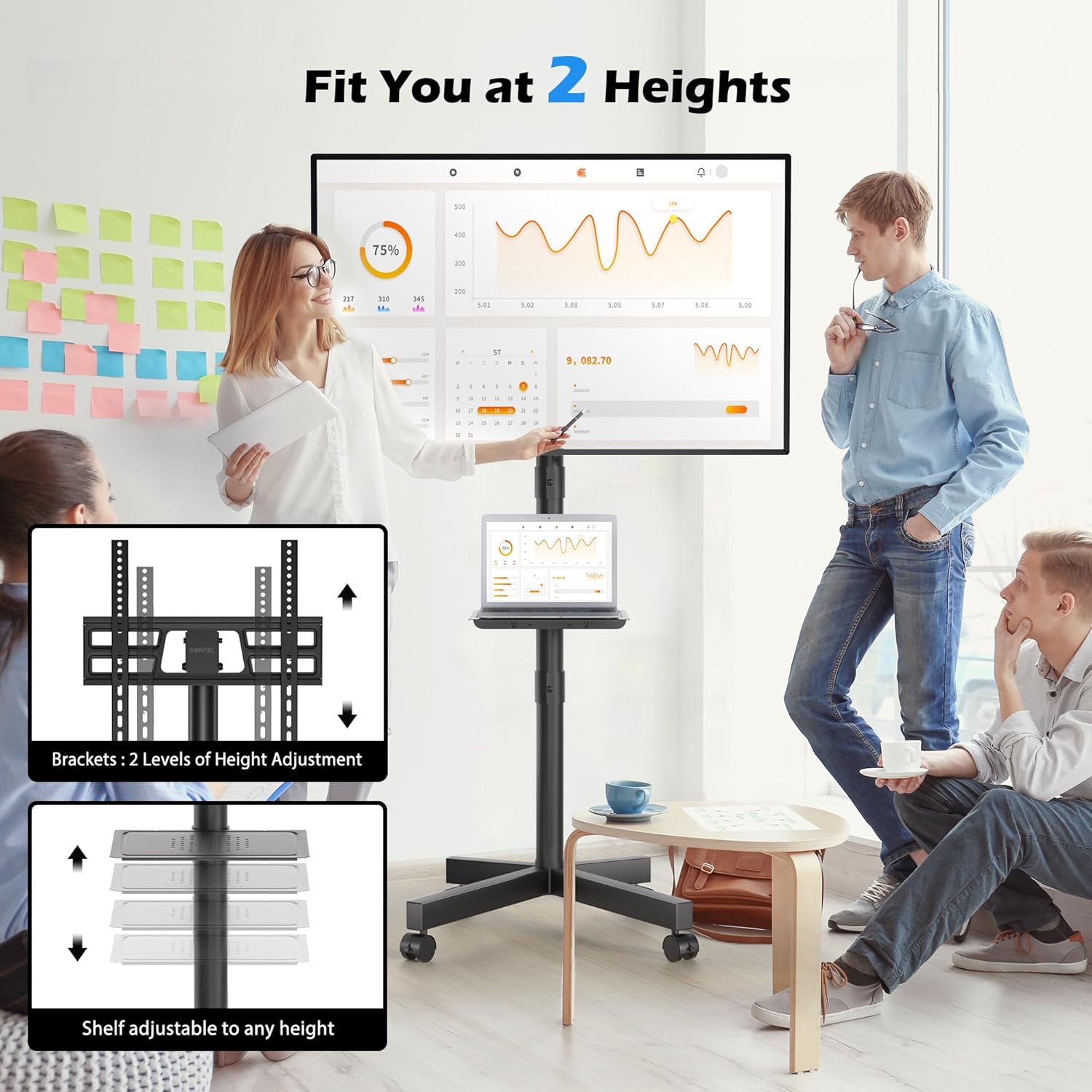 BONTEC Soporte TV Ruedas para TVs de 23 a 60 Pulgadas de LED, LCD, OLED Planos y Curvos, Soporte TV Pie con Ruedas Móvil con Inclinación y Estante para Medios, hasta 40 kg, Máx. VESA 400x400mm - 3