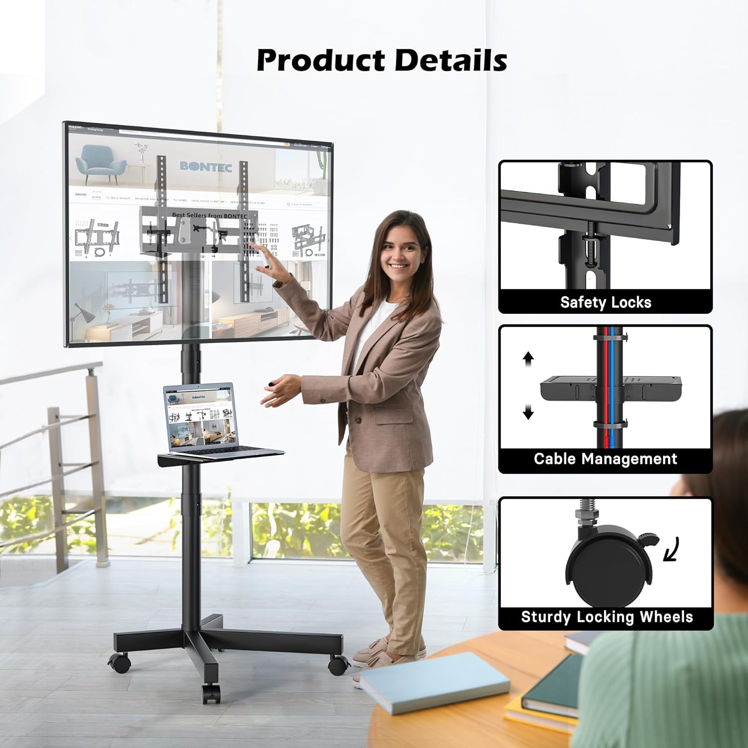 BONTEC Soporte TV Ruedas para TVs de 23 a 60 Pulgadas de LED, LCD, OLED Planos y Curvos, Soporte TV Pie con Ruedas Móvil con Inclinación y Estante para Medios, hasta 40 kg, Máx. VESA 400x400mm - 4