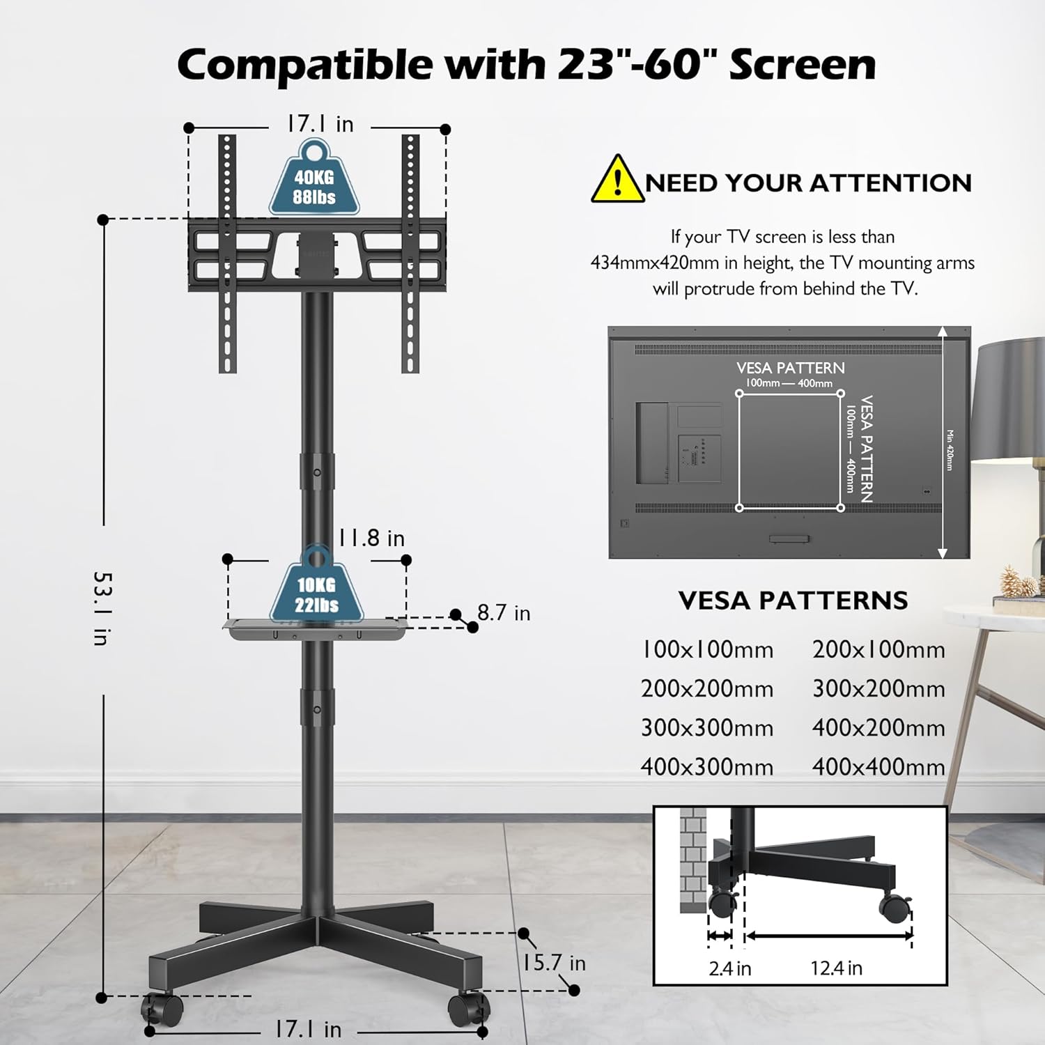 BONTEC Soporte TV Ruedas para TVs de 23 a 60 Pulgadas de LED, LCD, OLED Planos y Curvos, Soporte TV Pie con Ruedas Móvil con Inclinación y Estante para Medios, hasta 40 kg, Máx. VESA 400x400mm - 5