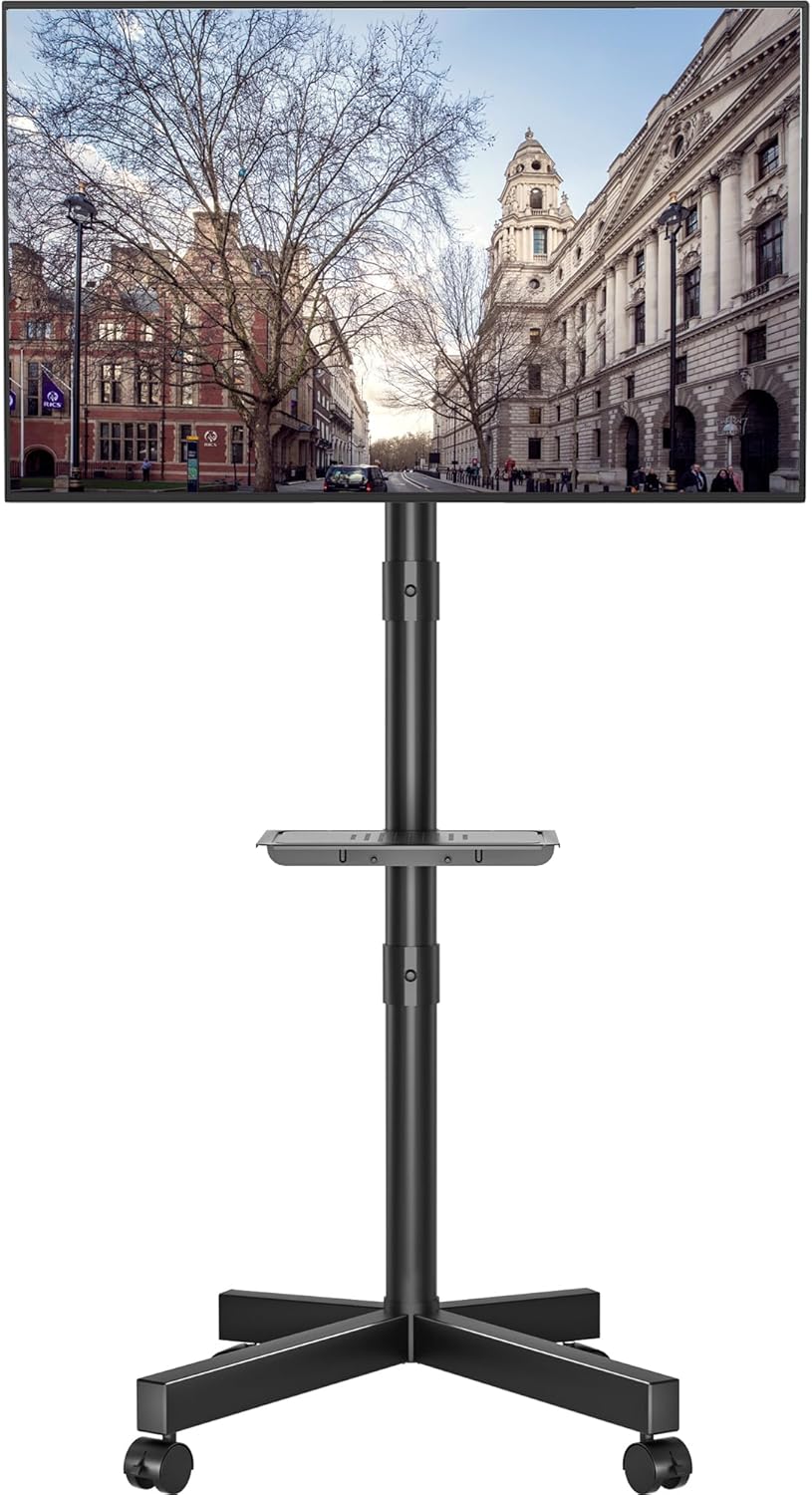 BONTEC Soporte TV Ruedas para TVs de 23 a 60 Pulgadas de LED, LCD, OLED Planos y Curvos, Soporte TV Pie con Ruedas Móvil con Inclinación y Estante para Medios, hasta 40 kg, Máx. VESA 400x400mm - 1