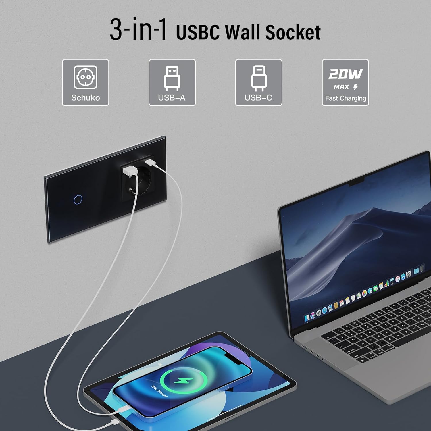 BSEED Enchufe Doble Pared con 20W USB y Tipo C,Enchufe USB C de Cristal,Carga Rápida,3 en 1，Fácil Instalación,1 Gang 1 Vía,157mm Negro - 2