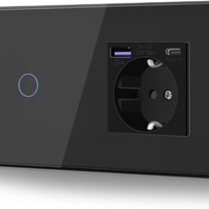 BSEED Enchufe Doble Pared con 20W USB y Tipo C,Enchufe USB C de Cristal,Carga Rápida,3 en 1，Fácil Instalación,1 Gang 1 Vía,157mm Negro