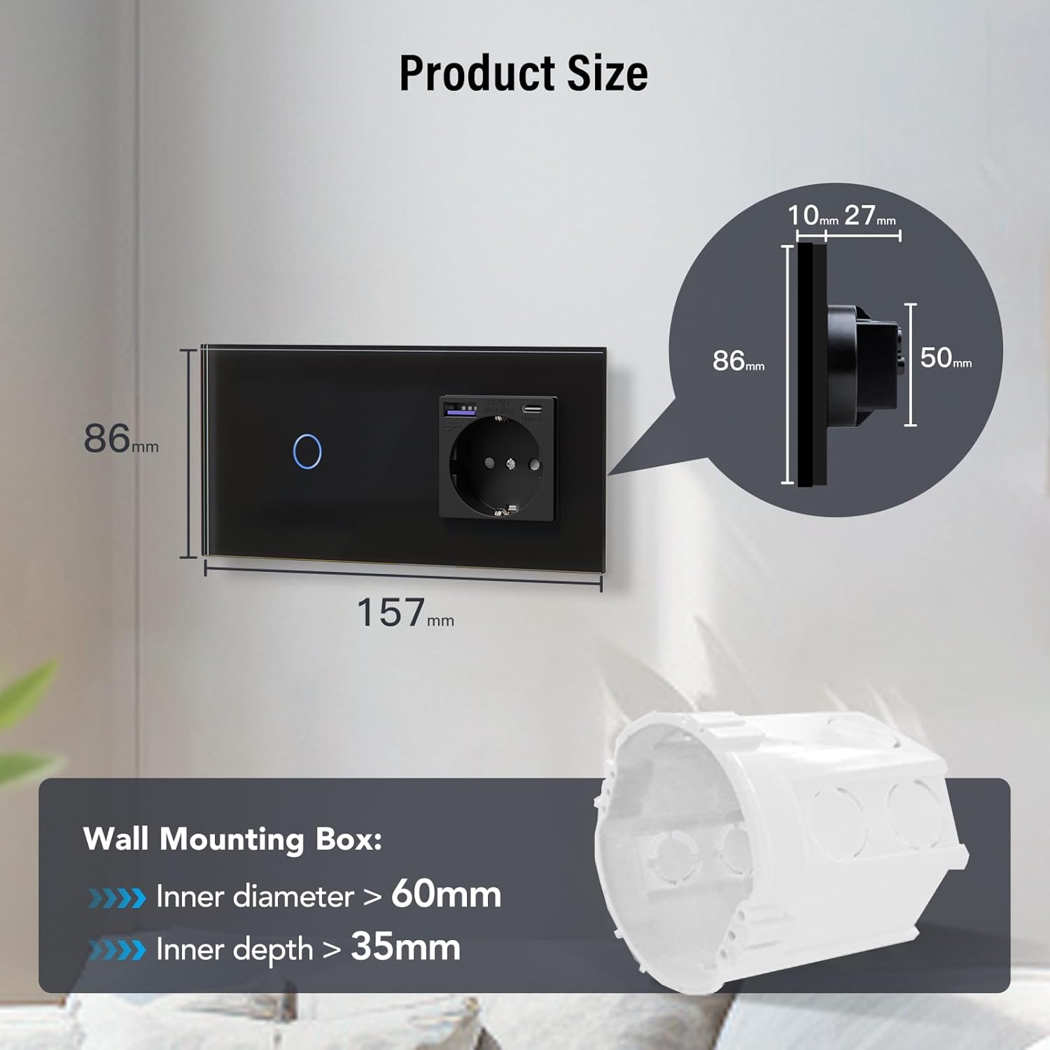BSEED Enchufe Doble Pared con 20W USB y Tipo C,Enchufe USB C de Cristal,Carga Rápida,3 en 1，Fácil Instalación,1 Gang 1 Vía,157mm Negro - 5