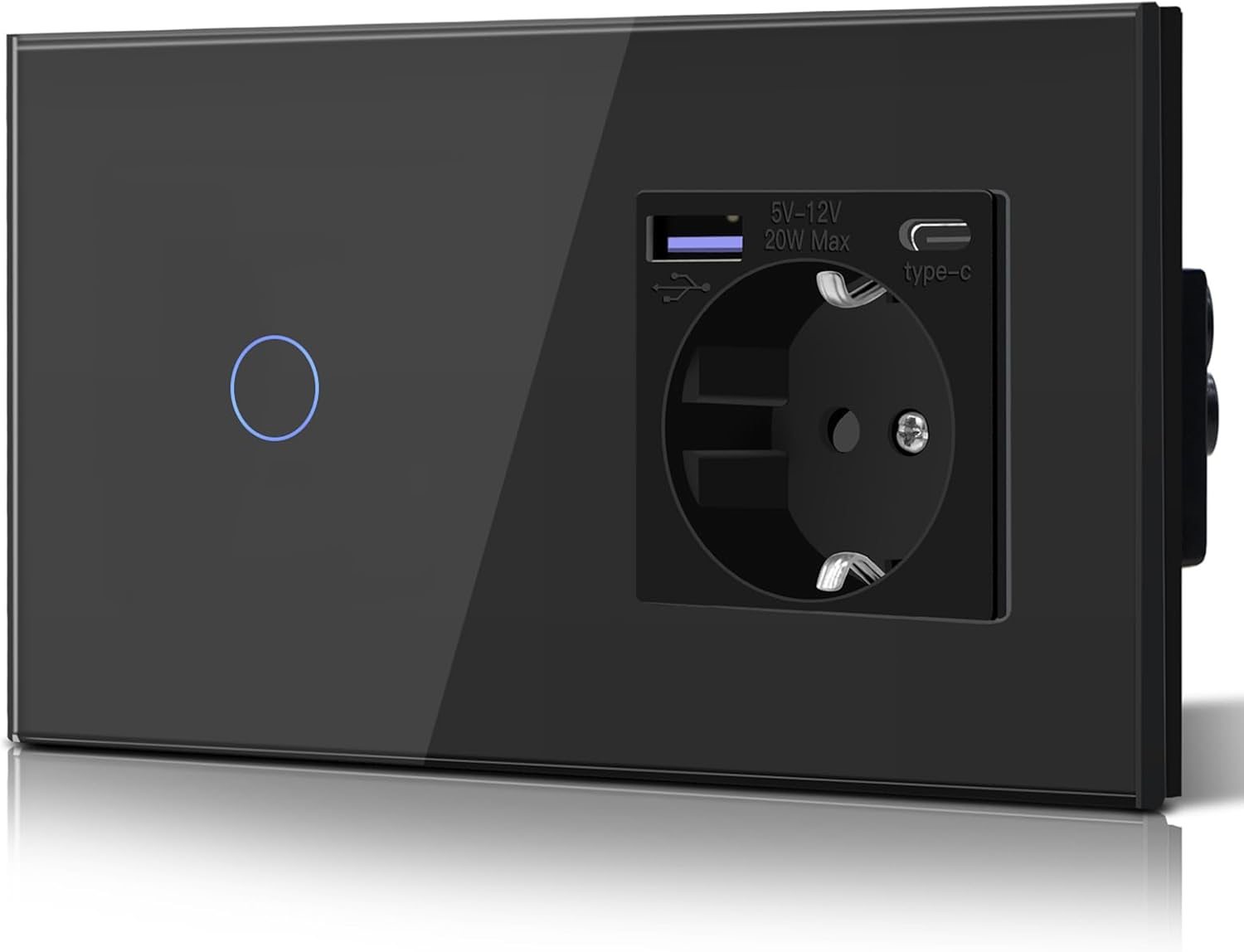 BSEED Enchufe Doble Pared con 20W USB y Tipo C,Enchufe USB C de Cristal,Carga Rápida,3 en 1，Fácil Instalación,1 Gang 1 Vía,157mm Negro - 1