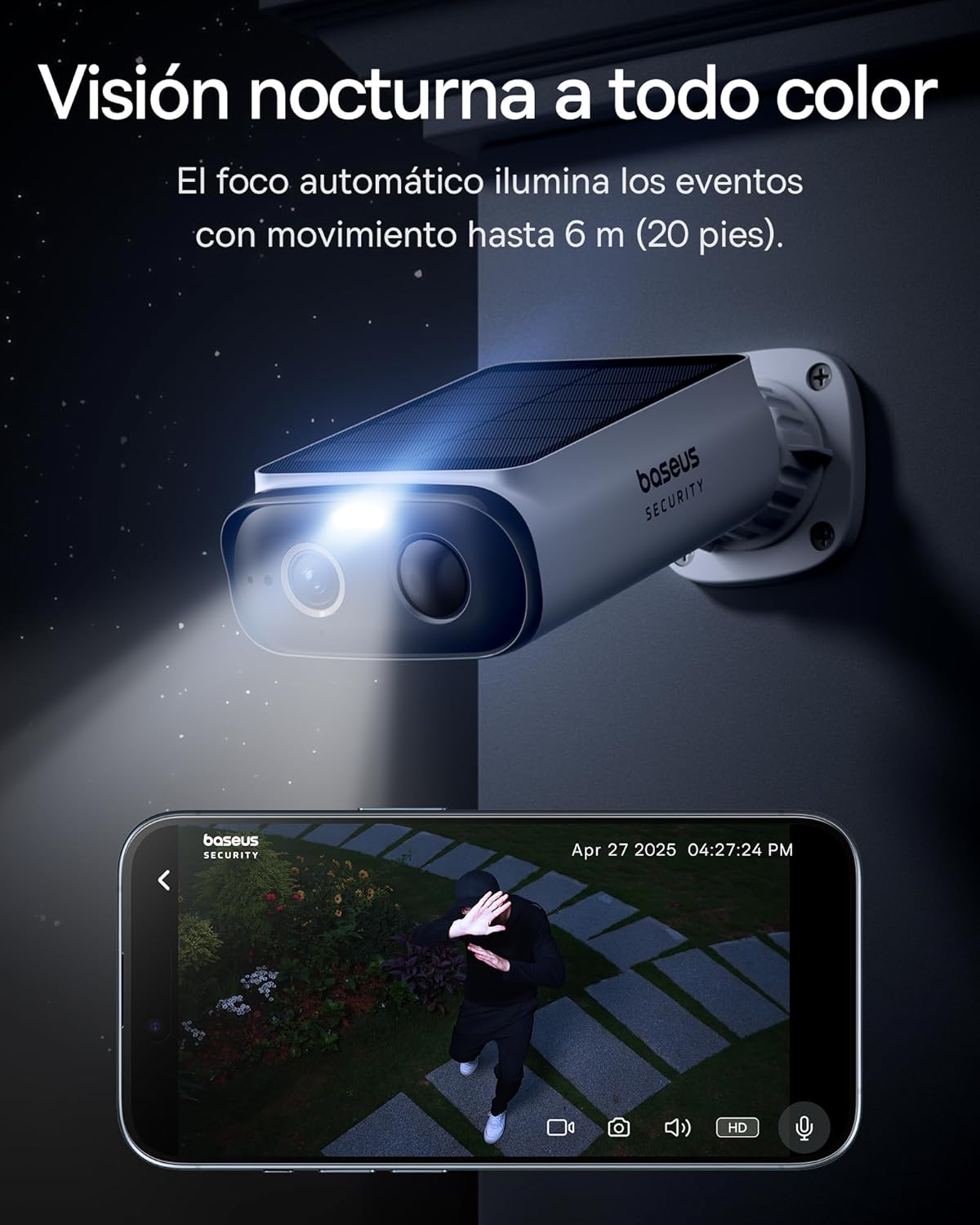 Baseus Security S1 Lite Solocam Camara Vigilancia WiFi Exterior Solar IP67, Camara IP Seguridad Bateria 2K 135°, Visión Nocturna a Color, Sin Cargos, Detección Humana, Compatible con Alexa y Google - 6