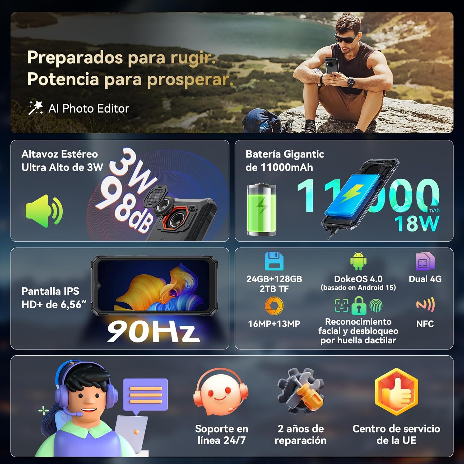 Blackview BV6200 Plus movil Irrompible (11000mAh)-24GB+128GB(TF 2TB), 90Hz 6,56" HD+ Teléfono Movil Android 15, Cámara AI, 98dB Altavoz, Dual 4G SIM/NFC/OTG/GPS/Huella Dactilar Móvil Irrompible - 2