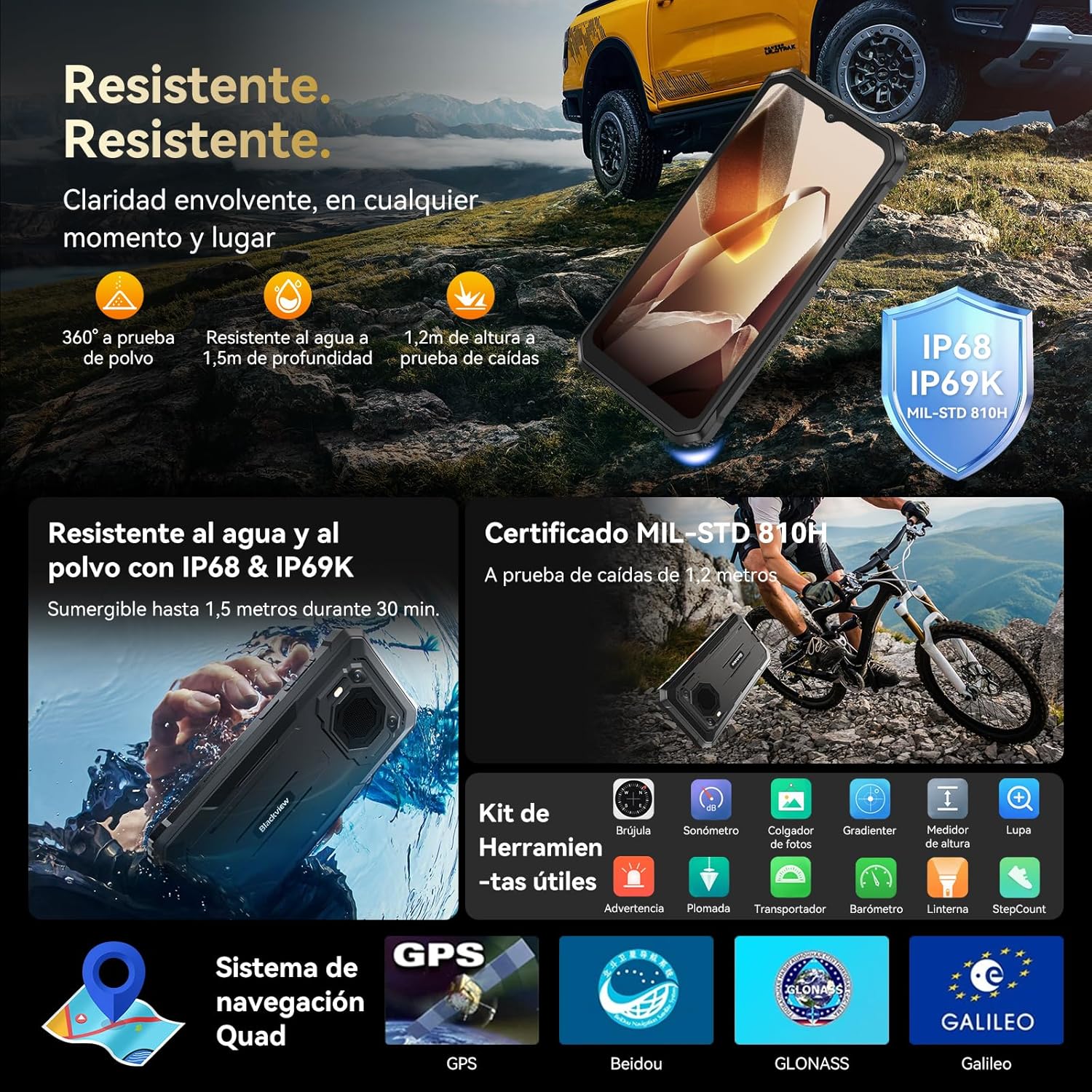 Blackview BV6200 Plus movil Irrompible (11000mAh)-24GB+128GB(TF 2TB), 90Hz 6,56" HD+ Teléfono Movil Android 15, Cámara AI, 98dB Altavoz, Dual 4G SIM/NFC/OTG/GPS/Huella Dactilar Móvil Irrompible - 6