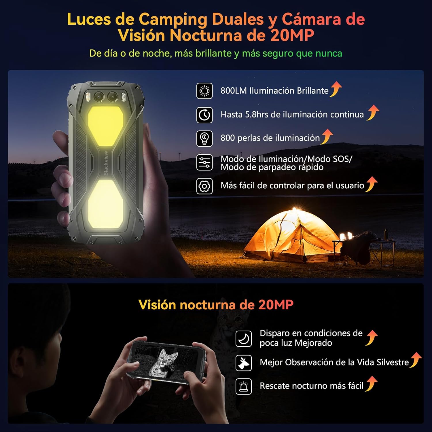 Blackview BV7300 Movil Irrompible Android 14(538g)-15000mAh 18GB+256GB(2TB/TF) G81 Movil Resistente, 6.67" 90Hz/50MP+32MP/NFC/Dual SIM/Visión Nocturna 20MP/GPS/FM/Fingerprint/800LM Luz de Camping - 5