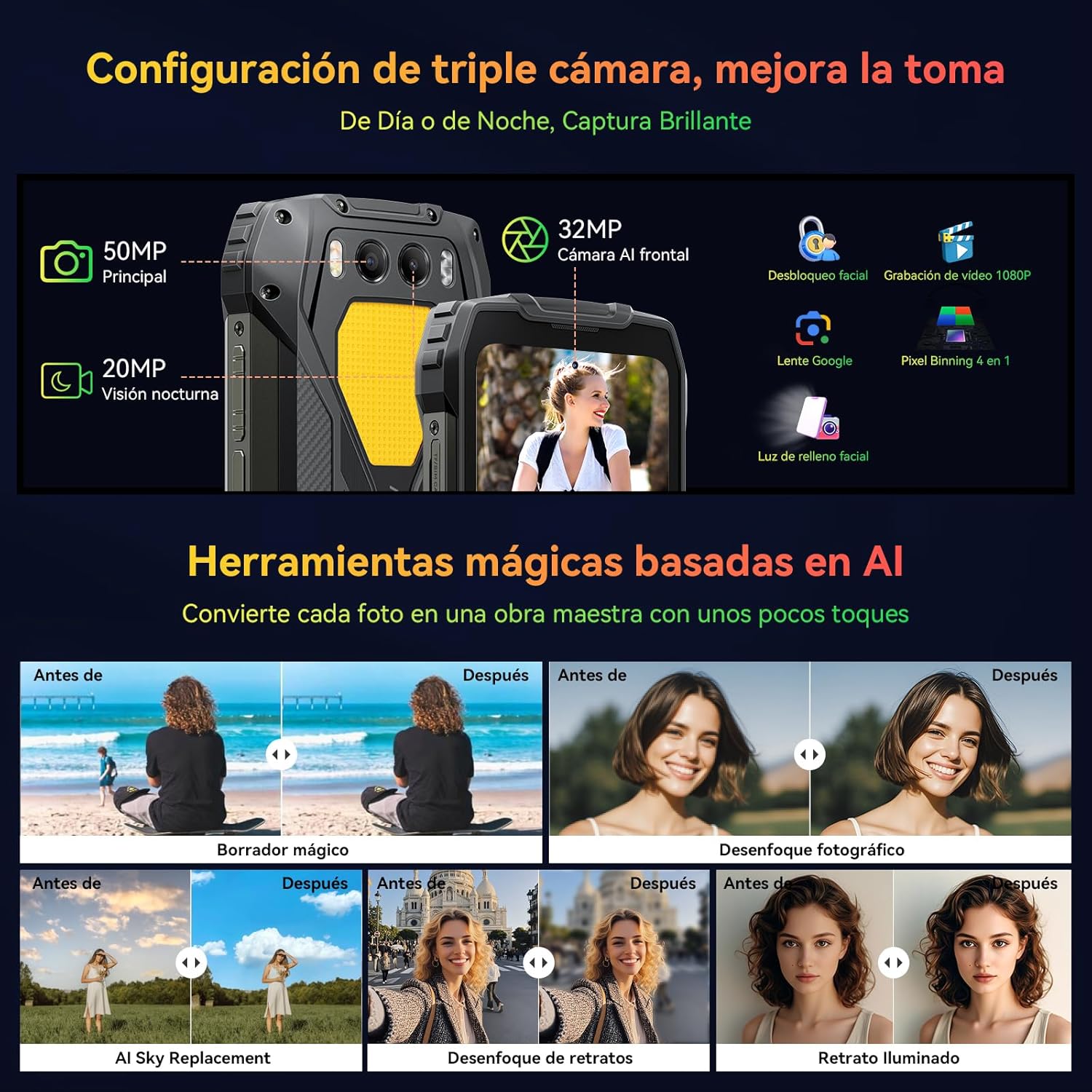 Blackview BV7300 Movil Irrompible Android 14(538g)-15000mAh 18GB+256GB(2TB/TF) G81 Movil Resistente, 6.67" 90Hz/50MP+32MP/NFC/Dual SIM/Visión Nocturna 20MP/GPS/FM/Fingerprint/800LM Luz de Camping - 6