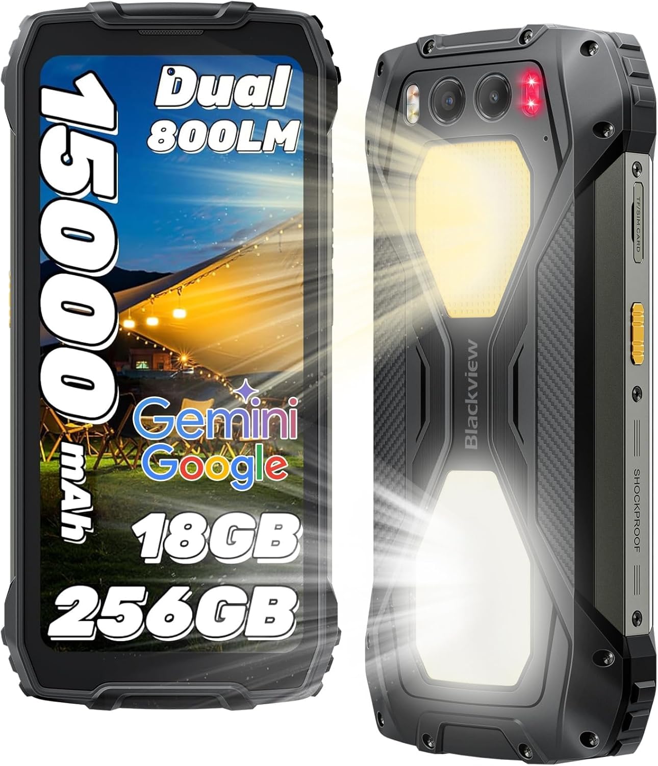 Blackview BV7300 Movil Irrompible Android 14(538g)-15000mAh 18GB+256GB(2TB/TF) G81 Movil Resistente, 6.67" 90Hz/50MP+32MP/NFC/Dual SIM/Visión Nocturna 20MP/GPS/FM/Fingerprint/800LM Luz de Camping - 1