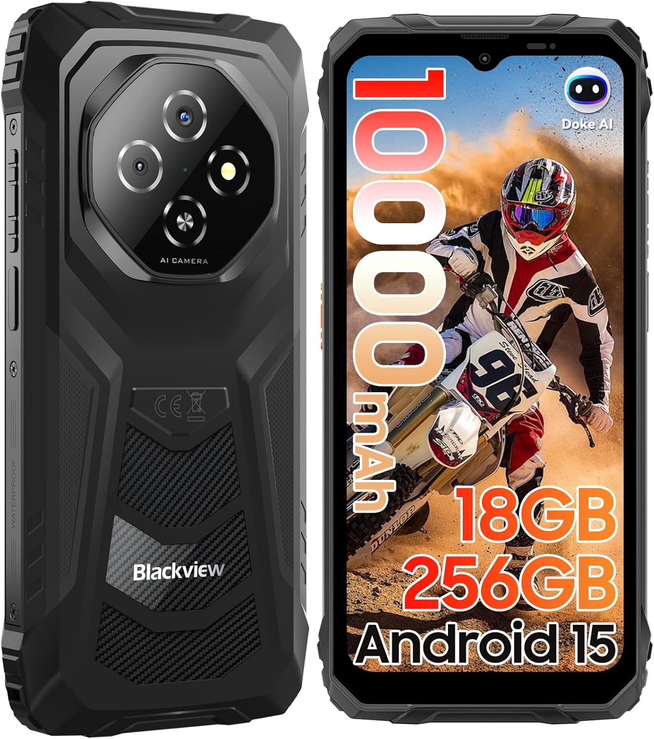 Blackview Fort1 Móvil irrompible Android 15, 256GB+18GB (TF 2TB) Móvil Rugerizado,10000mAh Batería - 6.56" HD+ Teléfono Movil, AI Camera, Face ID/Dual SIM/NFC/OTG/390g/Gemini AI Movil Indestructible - 1
