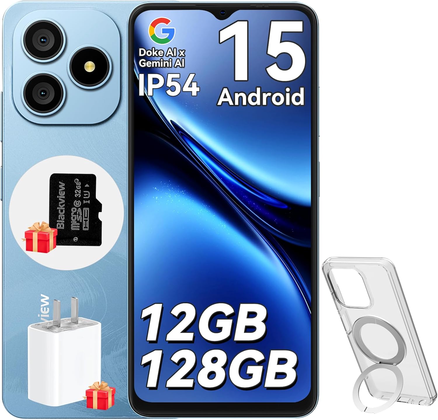 Blackview Wave 9C Telefonos Moviles Android 15 con Funda de Teléfono, Smartphone 12GB+128GB/2TB TF, Moviles Baratos IP54 6,56", Mobile Phone Octa-Core, Dual SIM, 13+8MP, Face ID, Fingerprint, OTG, GPS - 1