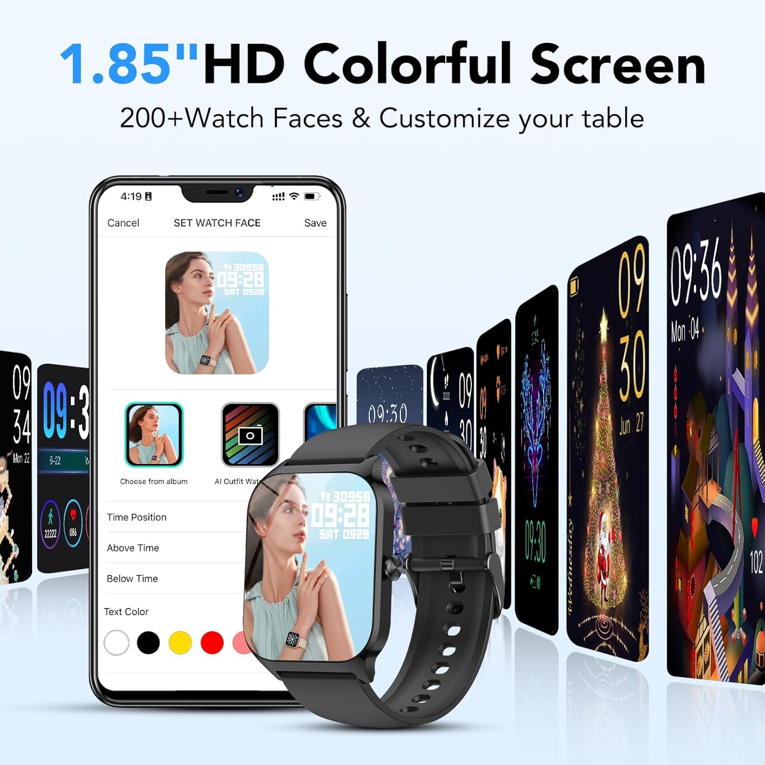 CASCHO Reloj Inteligente Hombre Mujer,1.85" HD Smartwatch con Llamadas y Voz de Al, Whatsapp Notificaciones,Smart Watch con Podómetro/Pulsómetro/SpO2/Monitor de Sueño,115+ Modos Deportes,IP68 Negro - 3