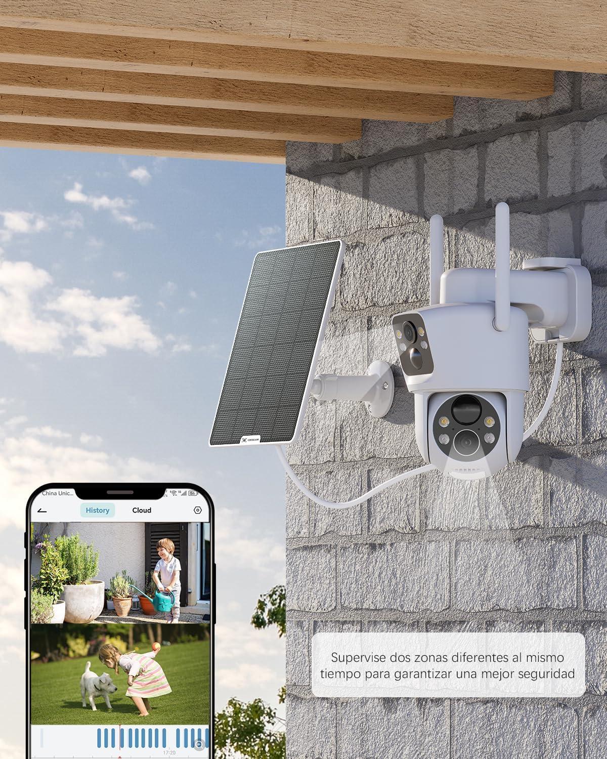 COCOCAM 2K Camara Vigilancia WiFi Exterior Solar con Lentes Duales PIR, Sin Cable, Batería 10000mAh, 355°P 90°T, Análisis de IA, Panel Solar 6W, IP66, 2.4G WiFi - 2