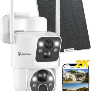COCOCAM 2K Camara Vigilancia WiFi Exterior Solar con Lentes Duales PIR, Sin Cable, Batería 10000mAh, 355°P 90°T, Análisis de IA, Panel Solar 6W, IP66, 2.4G WiFi