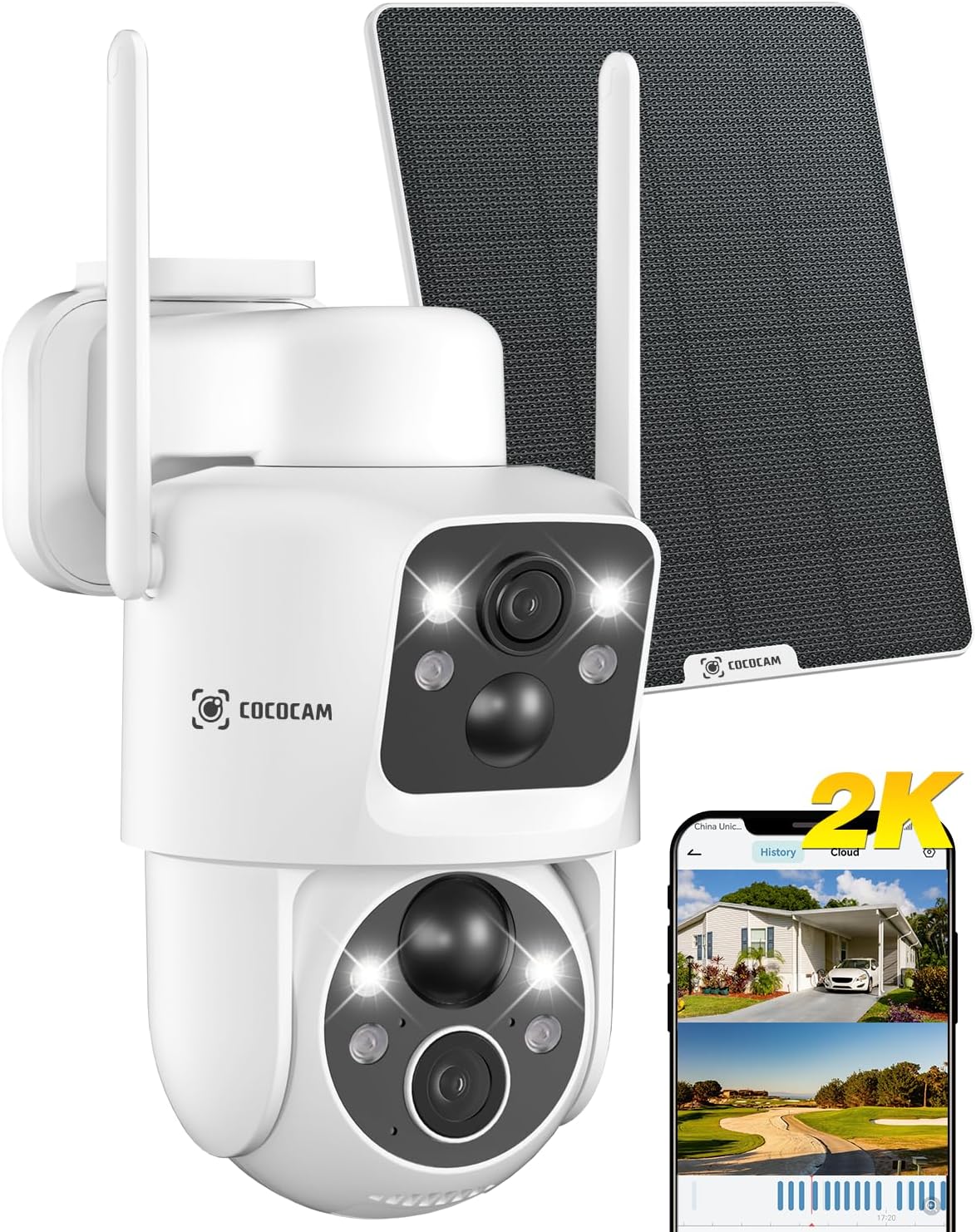 COCOCAM 2K Camara Vigilancia WiFi Exterior Solar con Lentes Duales PIR, Sin Cable, Batería 10000mAh, 355°P 90°T, Análisis de IA, Panel Solar 6W, IP66, 2.4G WiFi - 1