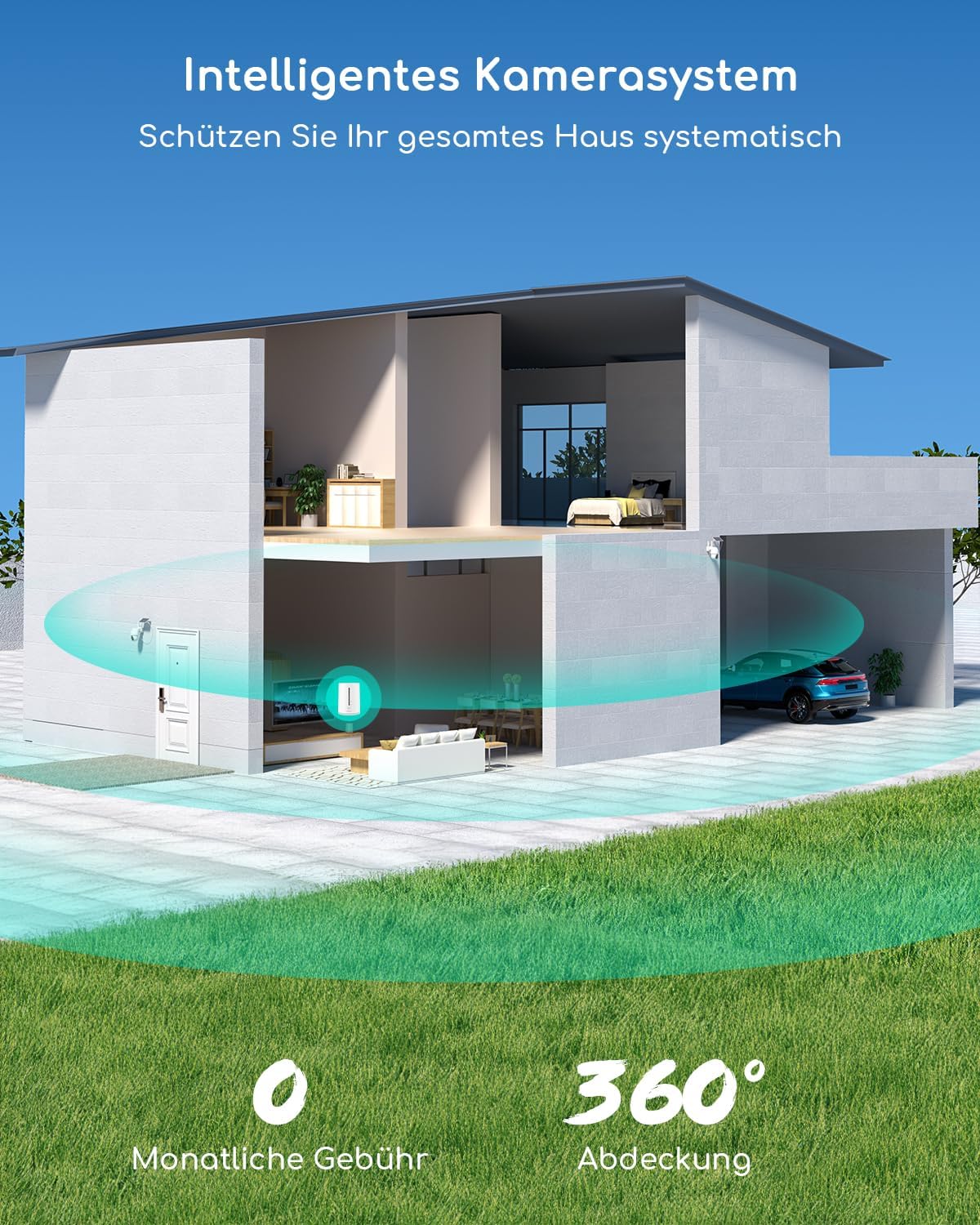 COOAU 4MP Kit de cámara vigilancia WiFi Exterior bateria con Panel Solar, 2.5K QHD, cámara de Seguridad inalámbrica 4+1 con Memoria Local de 64 GB, 360°, visión Nocturna, PIR detección, Alexa - 3