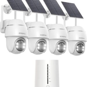 COOAU 4MP Kit de cámara vigilancia WiFi Exterior bateria con Panel Solar, 2.5K QHD, cámara de Seguridad inalámbrica 4+1 con Memoria Local de 64 GB, 360°, visión Nocturna, PIR detección, Alexa