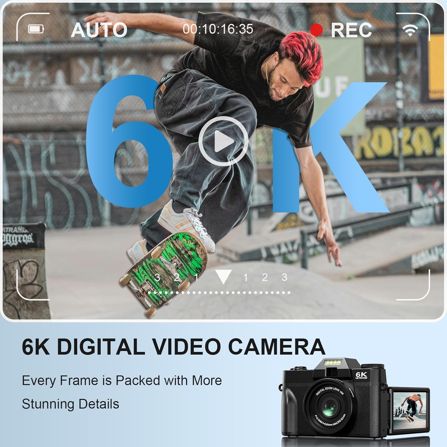 Camara Digital 6K 64MP para Vlogging con WiFi, Tarjeta TF de 64 GB, Micrófono, Enfoque Automático, Zoom 16X. Camara de Fotos Digital Compacta para YouTube, Principiantes, Objetivo Macro y Gran Angular - 2