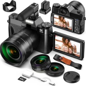 Camara Digital 6K 64MP para Vlogging con WiFi, Tarjeta TF de 64 GB, Micrófono, Enfoque Automático, Zoom 16X. Camara de Fotos Digital Compacta para YouTube, Principiantes, Objetivo Macro y Gran Angular