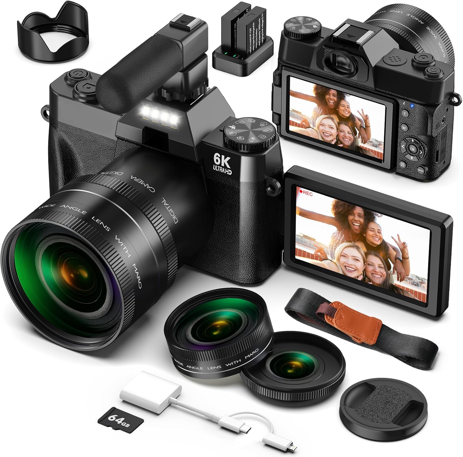 Camara Digital 6K 64MP para Vlogging con WiFi, Tarjeta TF de 64 GB, Micrófono, Enfoque Automático, Zoom 16X. Camara de Fotos Digital Compacta para YouTube, Principiantes, Objetivo Macro y Gran Angular - 1