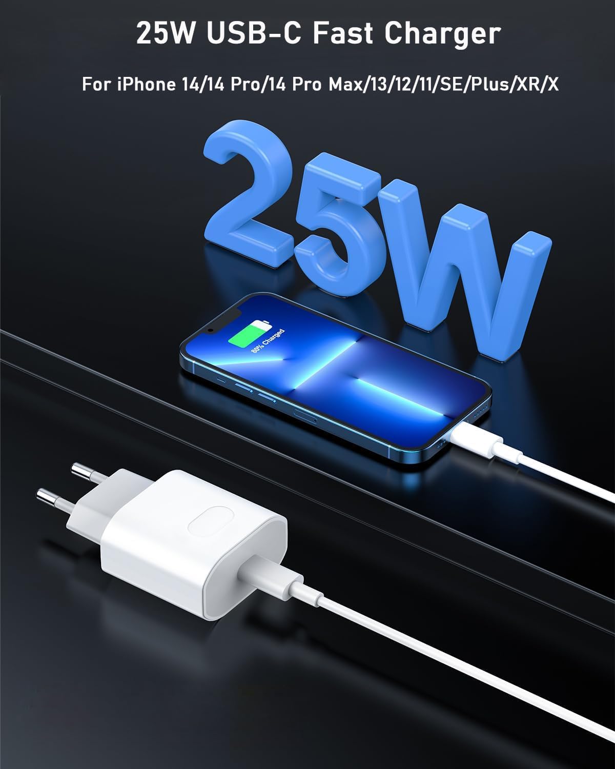 Cargador Carga Rapida for iPhone 14/14 Pro/14 Pro Max/14 Plus 13 12 11 SE XR X XS 8, 25W USB C Carregador Enchufe Rapido con 2M Cable - 2
