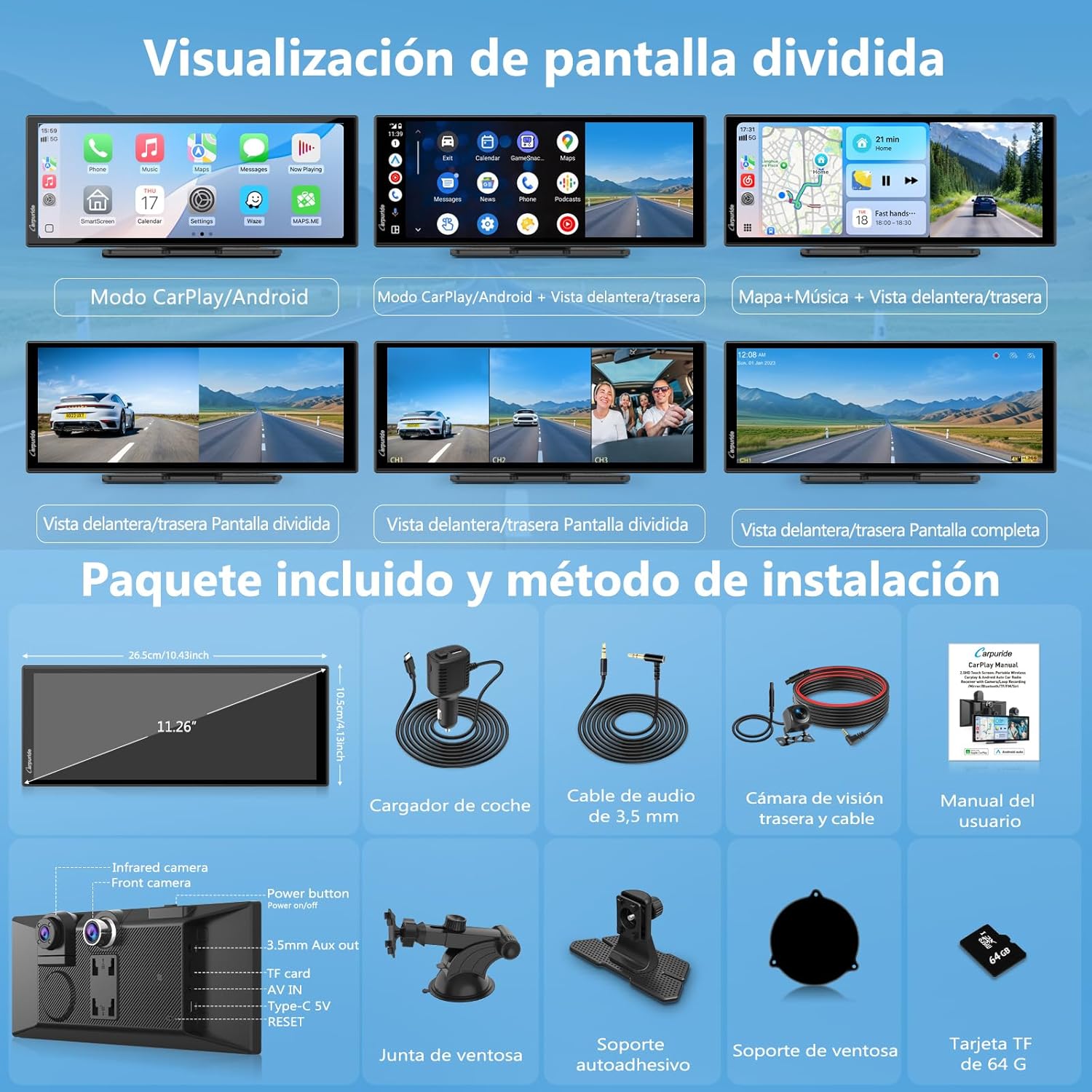 Carpuride W125S Carplay Pantalla con 3 Canales Tablero Cámara, 4K Frontal &1080P Trasera Cámara, Inalámbrico Carplay y Android Auto, 11,26" HD Táctil Pantalla, Grabación en Bucle, Bluetooth. - 6