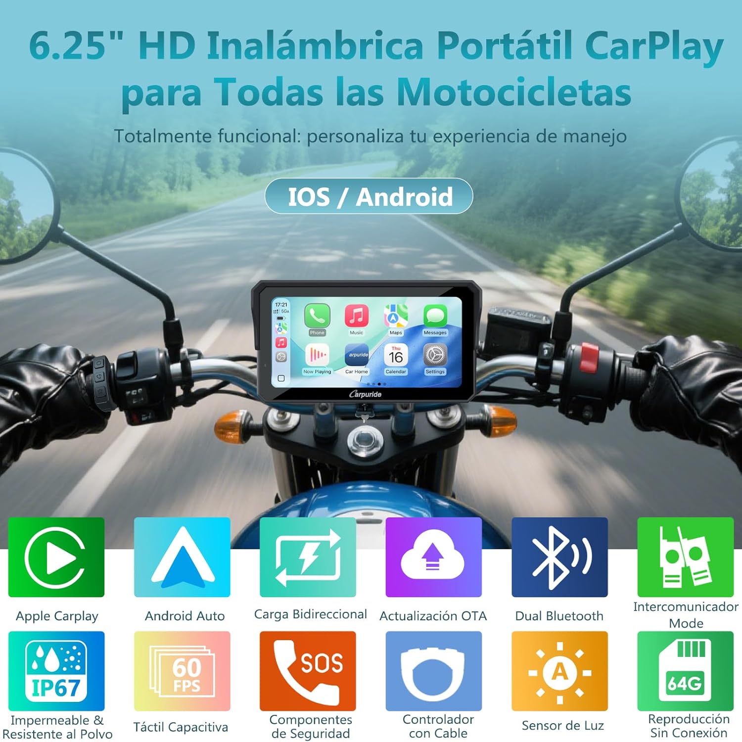 Carpuride W602S Pro Motocicleta Carplay Pantalla con BM05 para Conectar y Usar, Inalámbrico CarPlay y Android Auto, 6,25" Impermeable Táctil Pantalla, OTA, Dual Bluetooth, Intercom, Cable Controlador. - 2