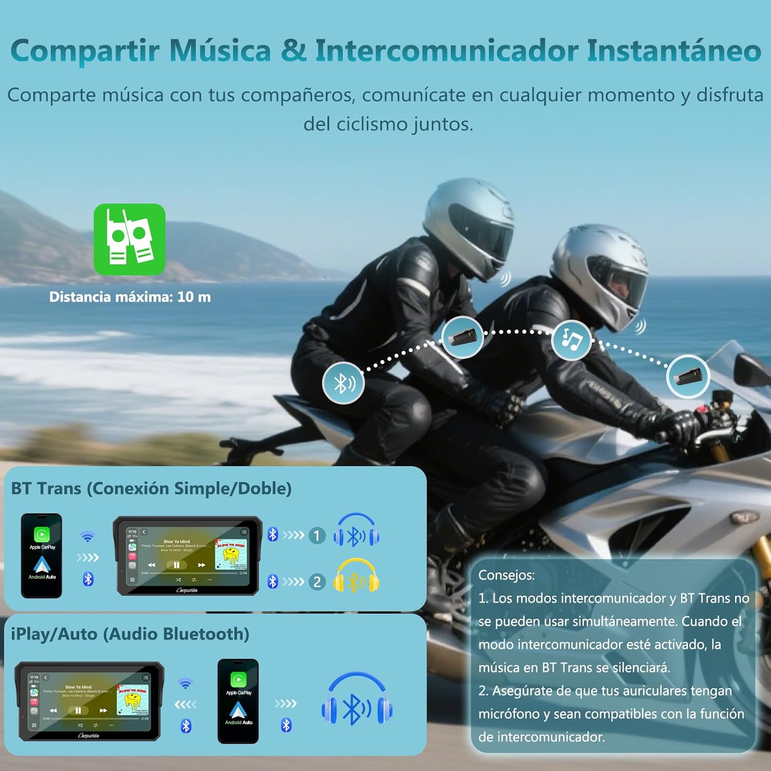 Carpuride W602S Pro Motocicleta Carplay Pantalla con BM05 para Conectar y Usar, Inalámbrico CarPlay y Android Auto, 6,25" Impermeable Táctil Pantalla, OTA, Dual Bluetooth, Intercom, Cable Controlador. - 5