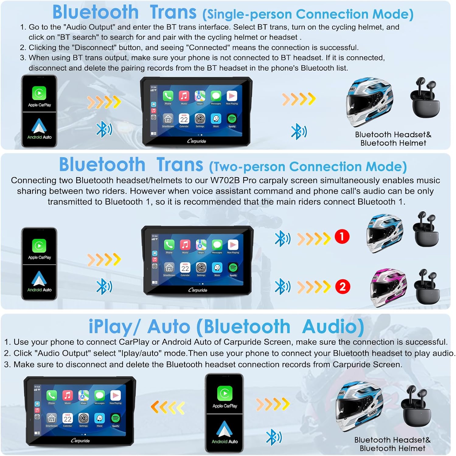 Carpuride W702B Pro Motocicleta Carplay Pantalla con Soporte para BMW Moto, Inalámbrico CarPlay y Android Auto, 7” Impermeable Táctil Pantalla, Dual Bluetooth, Intercomunicador Función, Navegación. - 3