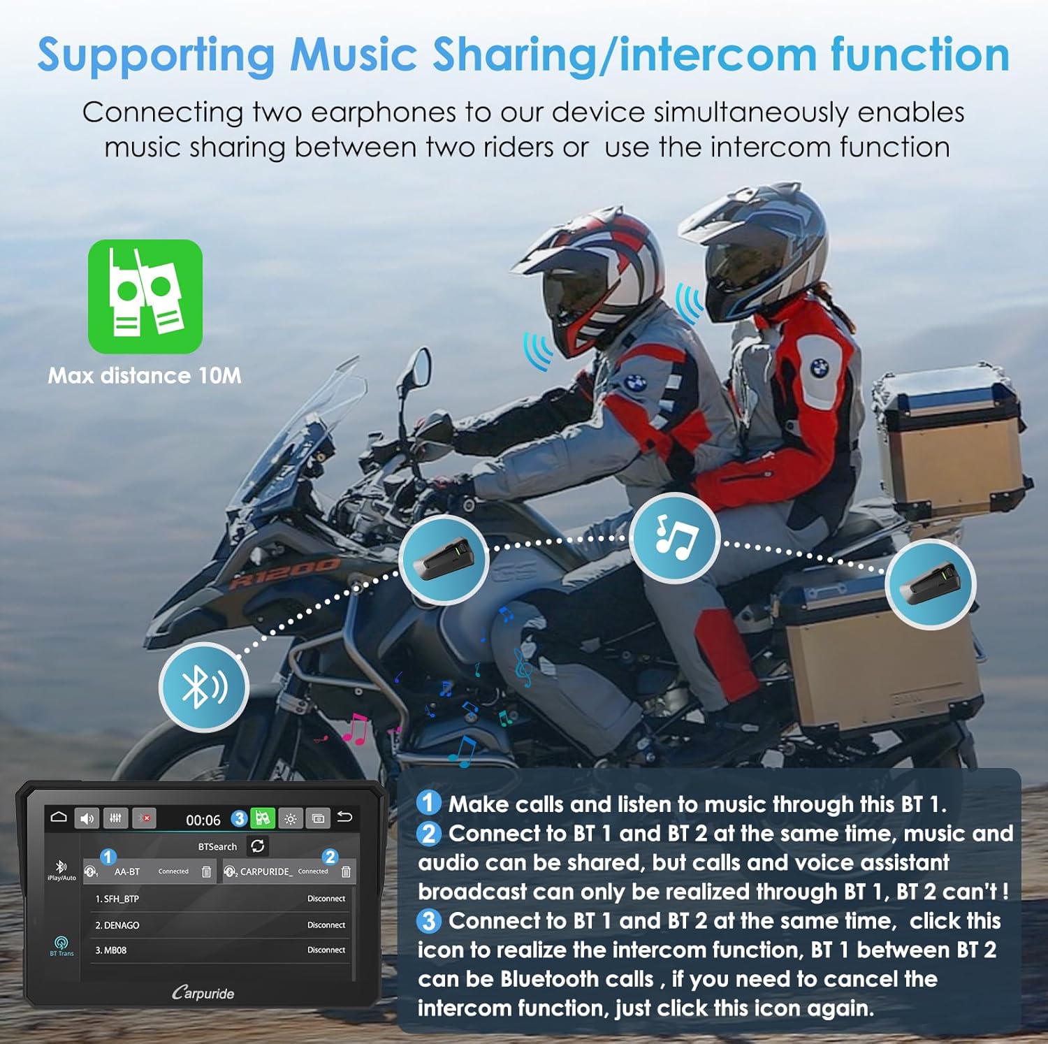 Carpuride W702B Pro Motocicleta Carplay Pantalla con Soporte para BMW Moto, Inalámbrico CarPlay y Android Auto, 7” Impermeable Táctil Pantalla, Dual Bluetooth, Intercomunicador Función, Navegación. - 4