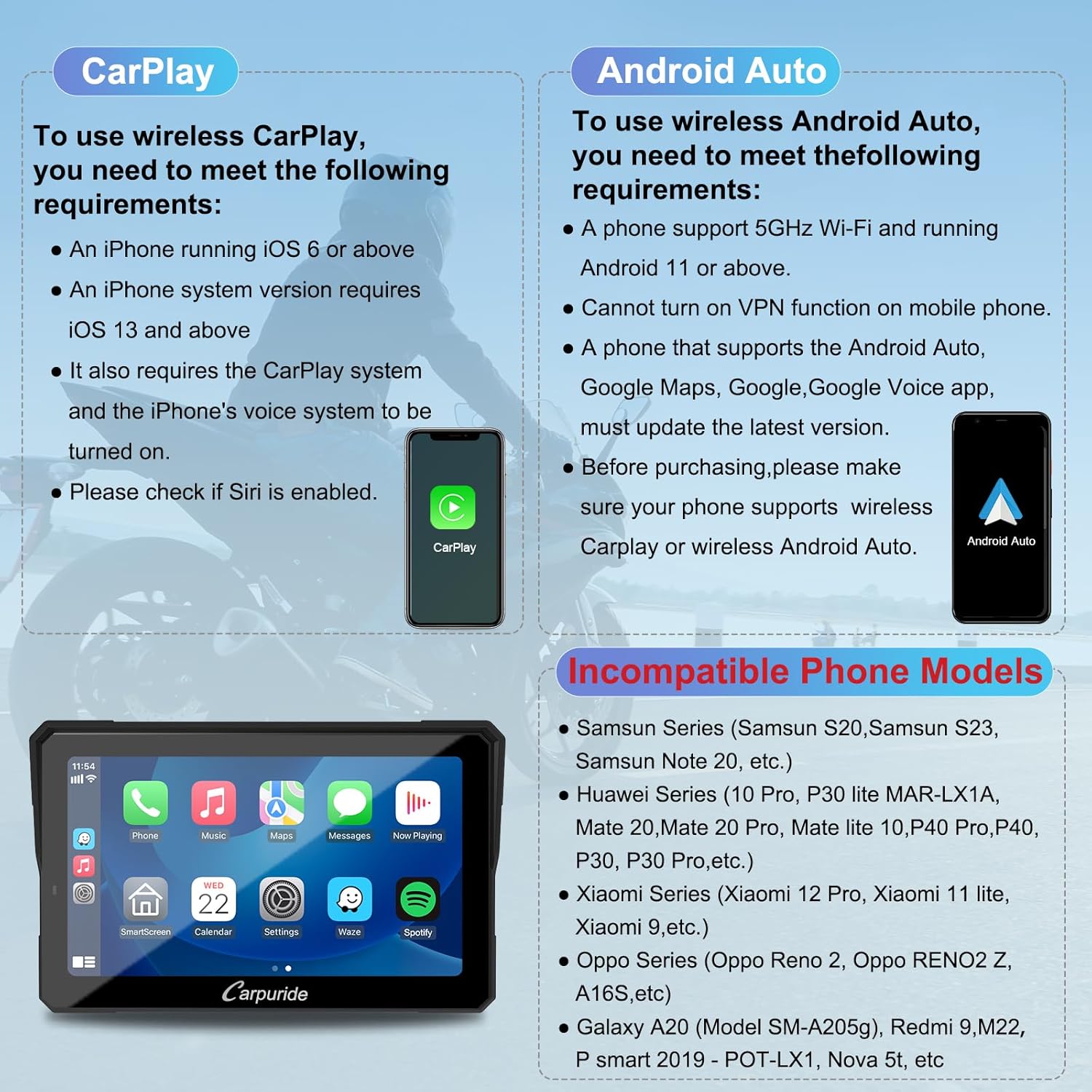 Carpuride W702B Pro Motocicleta Carplay Pantalla con Soporte para BMW Moto, Inalámbrico CarPlay y Android Auto, 7” Impermeable Táctil Pantalla, Dual Bluetooth, Intercomunicador Función, Navegación. - 6