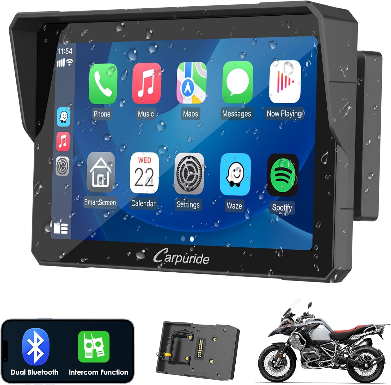 Carpuride W702B Pro Motocicleta Carplay Pantalla con Soporte para BMW Moto, Inalámbrico CarPlay y Android Auto, 7” Impermeable Táctil Pantalla, Dual Bluetooth, Intercomunicador Función, Navegación. - 1