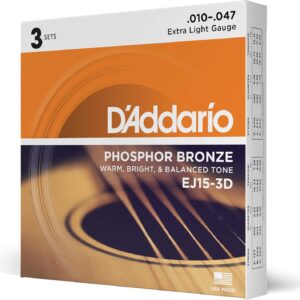 D'Addario Cuerdas Guitarra Acustica - Cuerdas de Guitarra - Cuerdas de Guitarra Acustica - EJ15-3D - Extra Ligero, 10-47 - 3-Paquete, 3-Pack, Extra Light, 10-47