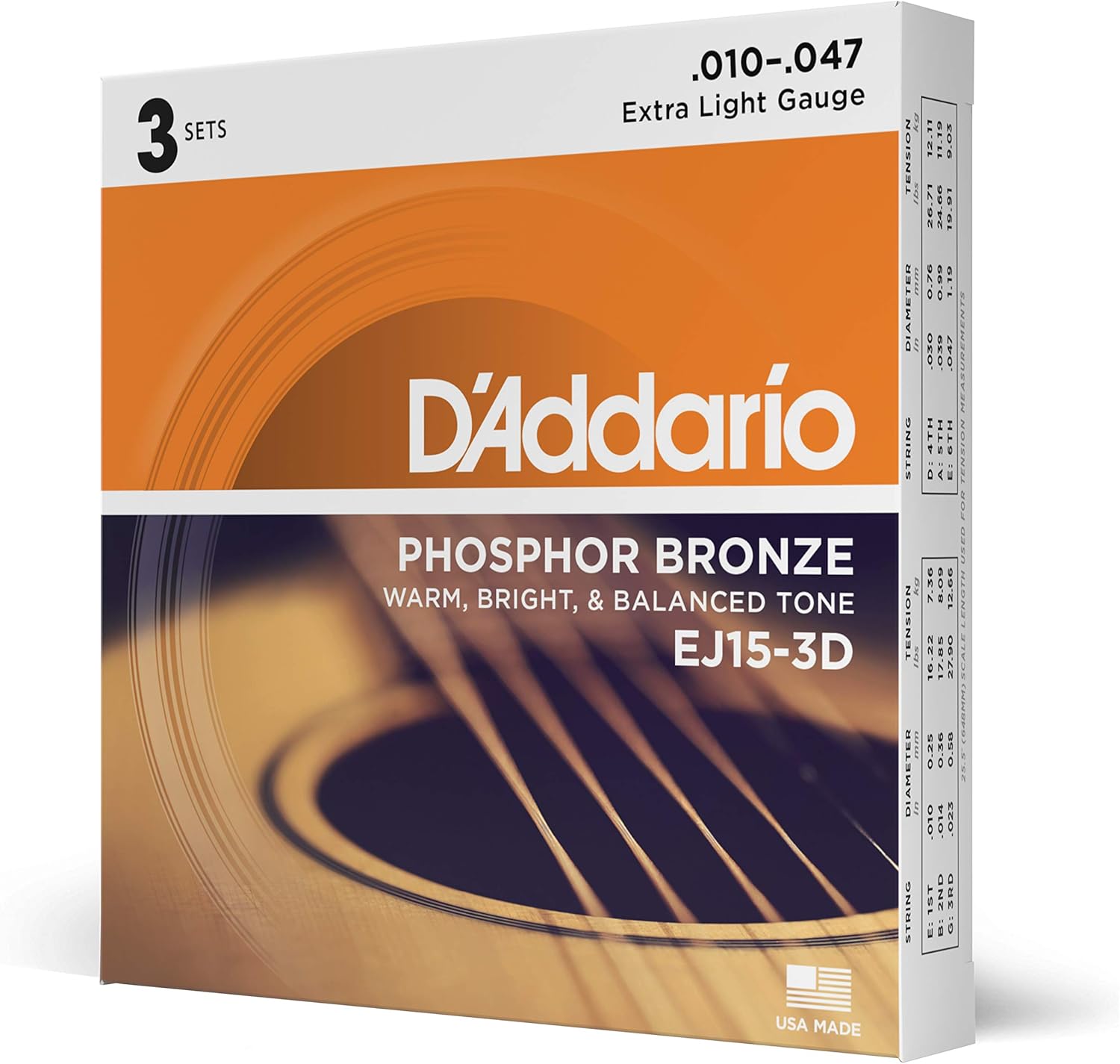 D'Addario Cuerdas Guitarra Acustica - Cuerdas de Guitarra - Cuerdas de Guitarra Acustica - EJ15-3D - Extra Ligero, 10-47 - 3-Paquete, 3-Pack, Extra Light, 10-47 - 1