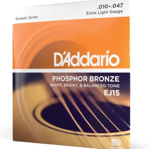 D'Addario Cuerdas Guitarra Acustica - Cuerdas de Guitarra - Cuerdas de Guitarra Acustica - EJ15 - Extra Ligero, 10-47 - 1-Paquete, 1-Pack, Extra Light, 10-47