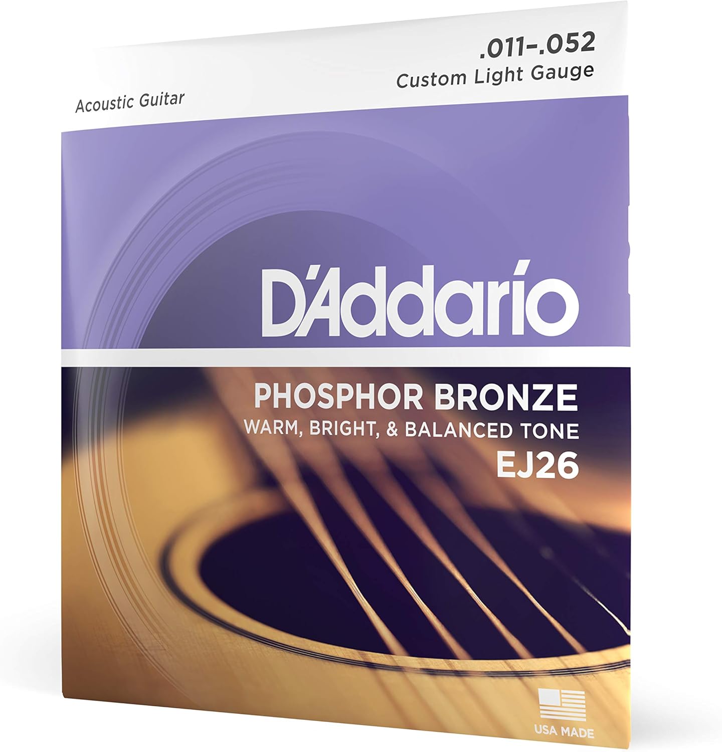 D'Addario Cuerdas Guitarra Acustica - Cuerdas de Guitarra - Cuerdas de Guitarra Acustica - EJ26 - Luz Personalizada, 11-52 - 1-Paquete, 1-Pack, Custom Light, 11-52 - 1