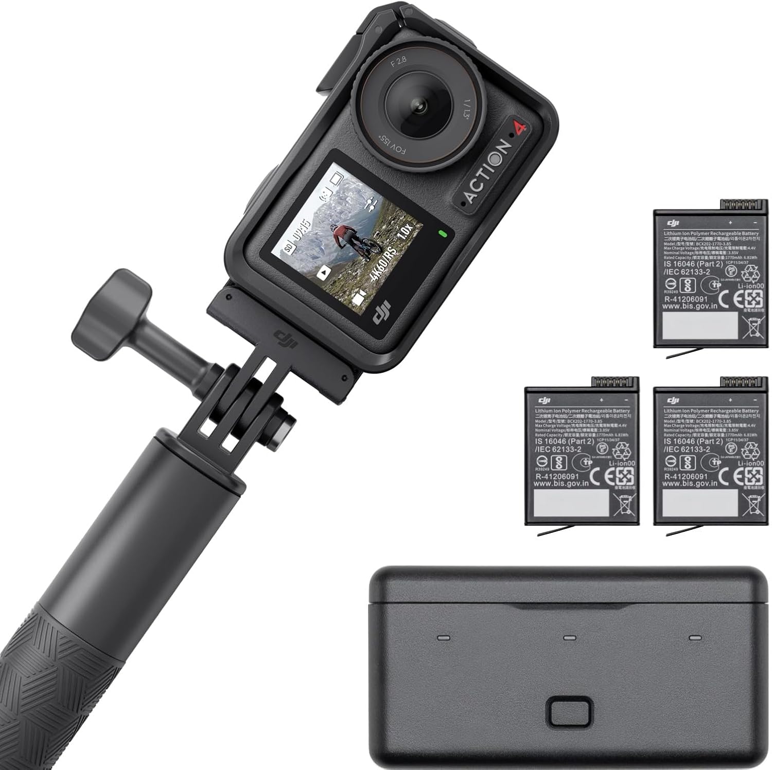 DJI Osmo Action 4 Pack Aventura: cámara deportiva 4K/120fps con sensor de 1/1.3pulgadas, D-Log M y 10 bits, campo de visión ultraamplio de 155º, hasta 7.5h con 3 baterías adicionales para grabar vlogs - 1