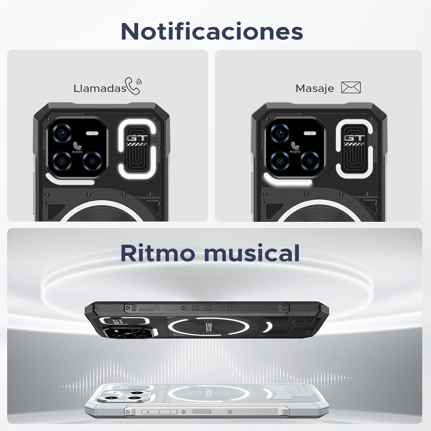 DOOGEE Blade GT 5G Movil Irrompible, Efecto de Luz LED, MTK7050 de 6 NM, 32GB+256GB/2TB,120Hz 6.72'' FHD+, 2025 Telefono Rugerizado Android 14, 48MP+20MP, NFC/Desbloqueo Facial/Huella Dactilar/ WIFI6 - 3