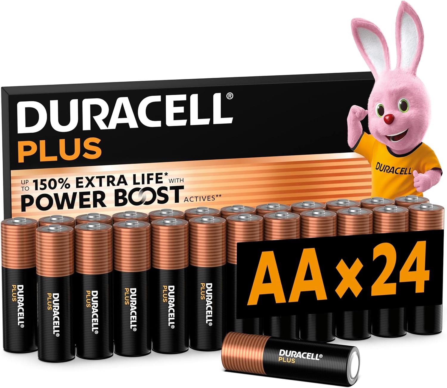DURACELL Plus Pilas AA (Paquete de 24) – Pilas alcalinas 1,5 V – Hasta un 150 % de duración extra con activos POWER BOOST–Fiabilidad para dispositivos cotidianos–Envase con 0 % de plástico–MN1500 - 1