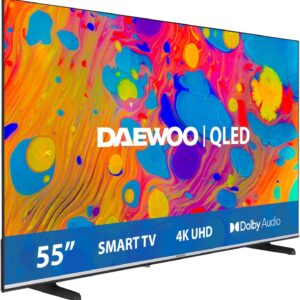 Daewoo 55DM55QV QLED Smart TV 55 Pulgadas 4K Ultra HD HDR, Televisor con Dolby Vision & Dolby Atmos, Compatible con Alexa, Diseño sin Marcos, Peana Lateral
