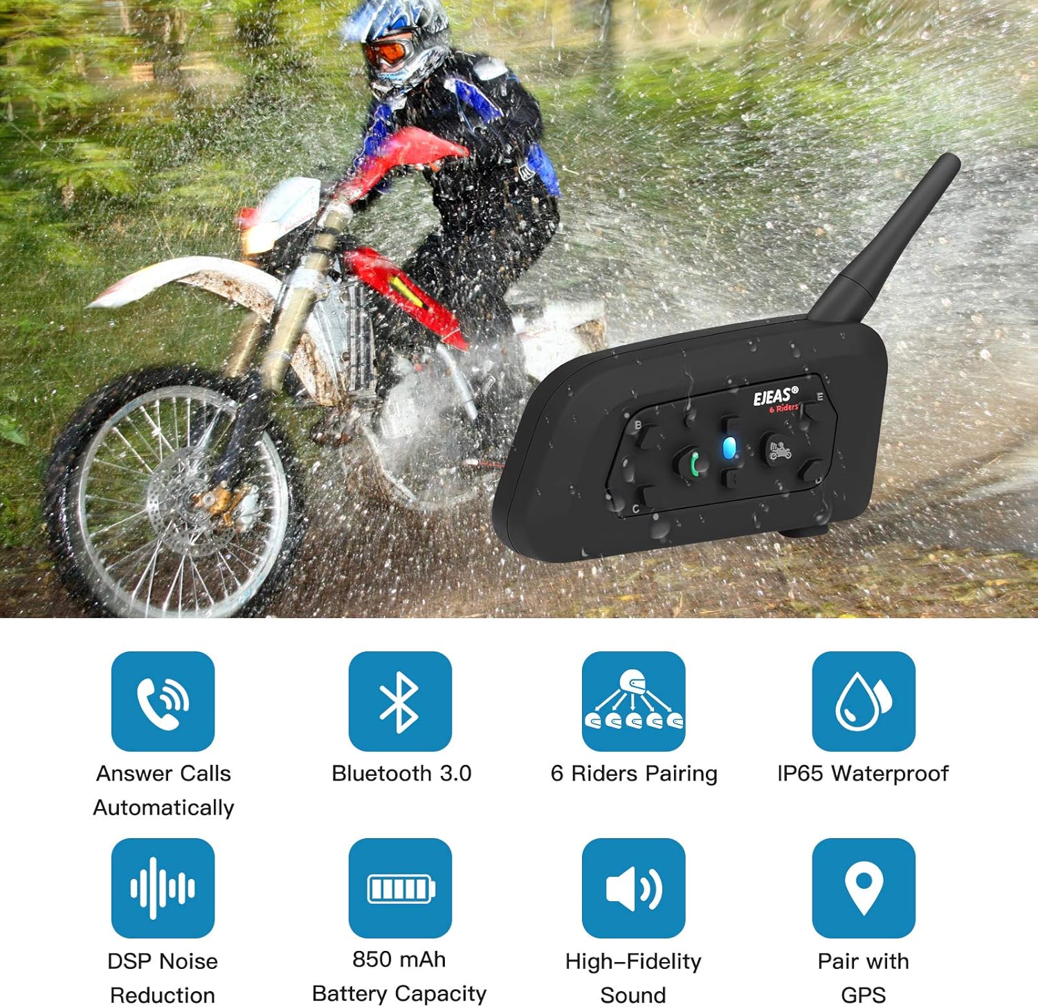 EJEAS V6 Pro Intercomunicador Casco Moto, Motocicleta Bluetooth 3.0 Intercom Auricular 1200M 2 Personas Full Duplex Wireless Moto Interphone Connect hasta 6 Pilotos(1 Paquete) - 2