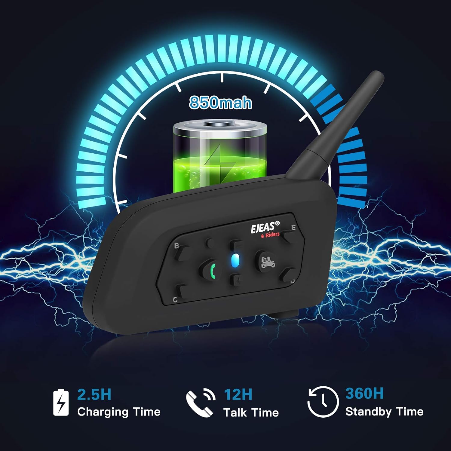 EJEAS V6 Pro Intercomunicador Casco Moto, Motocicleta Bluetooth 3.0 Intercom Auricular 1200M 2 Personas Full Duplex Wireless Moto Interphone Connect hasta 6 Pilotos(1 Paquete) - 5