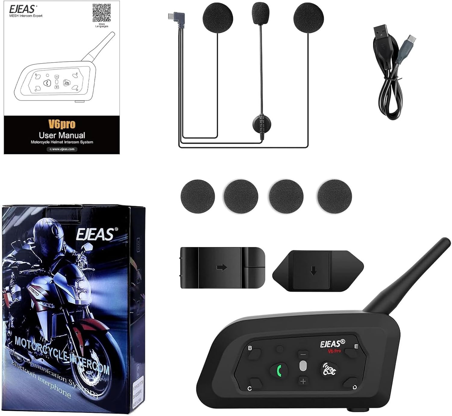 EJEAS V6 Pro Intercomunicador Casco Moto, Motocicleta Bluetooth 3.0 Intercom Auricular 1200M 2 Personas Full Duplex Wireless Moto Interphone Connect hasta 6 Pilotos(1 Paquete) - 6