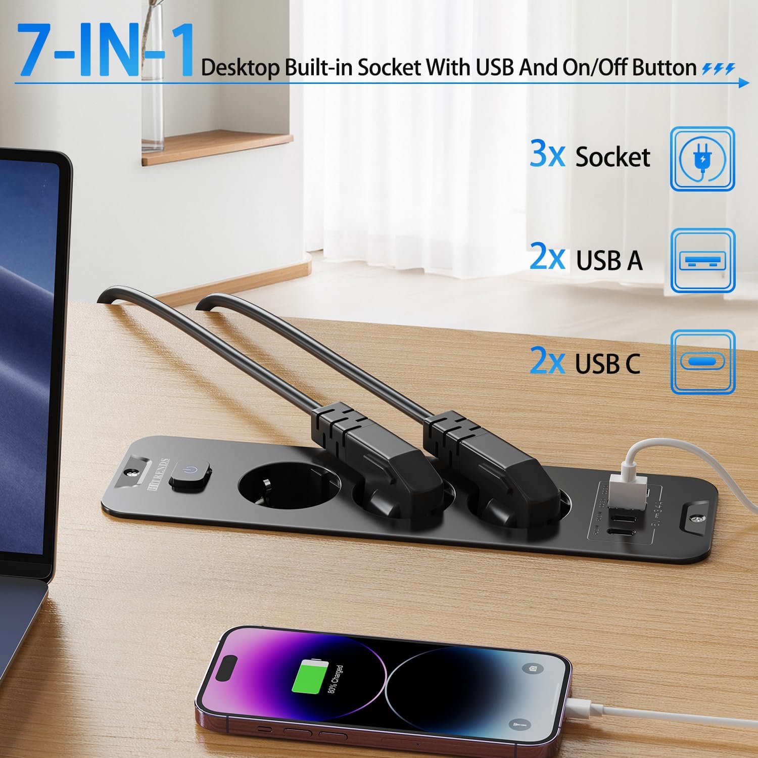 Enchufe retráctil con USB, 3 enchufes empotrables con 2 USB, enchufe empotrado en la mesa con 2 USB C, regleta con cable de 2 m para encimera, muebles, color negro - 2
